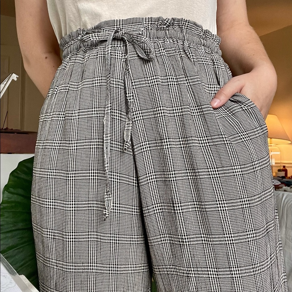 High Waist Flowy Plaid Pants with Tie Closure